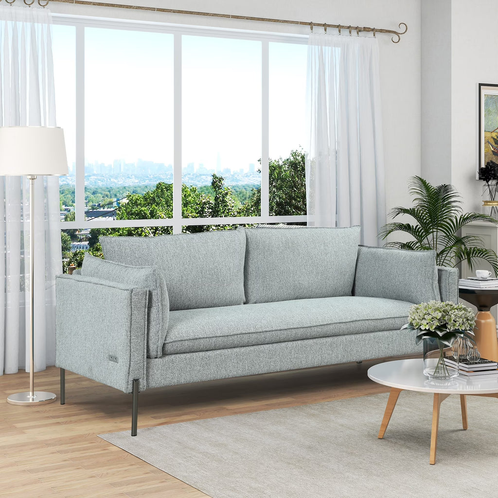 3 Seat Linen Fabric Upholstered Sofa with 2 USB Ports Gray O93269