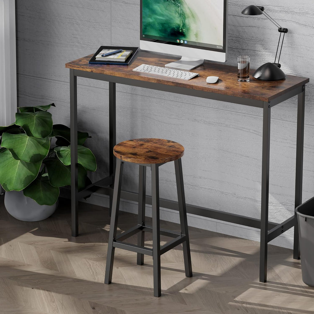 Set of 2 Bar Stools with Footrest, 25.6 Inch Tall, Rustic Brown and Black T3555