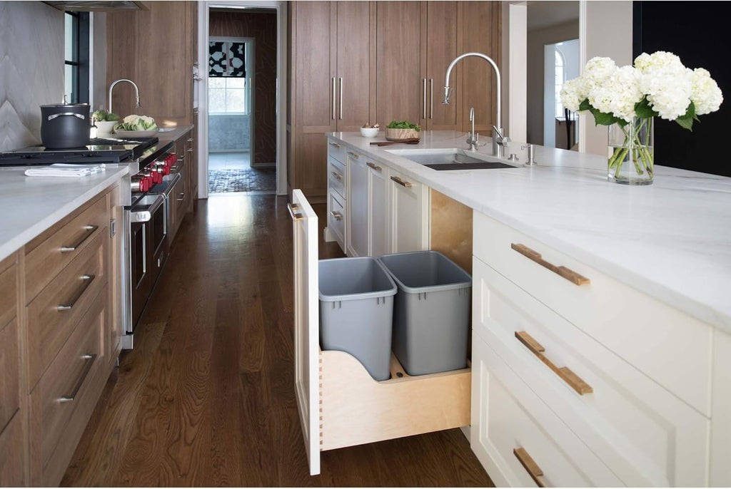 Double 35-Quart Maple Bottom Mount Kitchen Pullout Waste Container Trash Can with Soft-Close Slides, Silver C95067