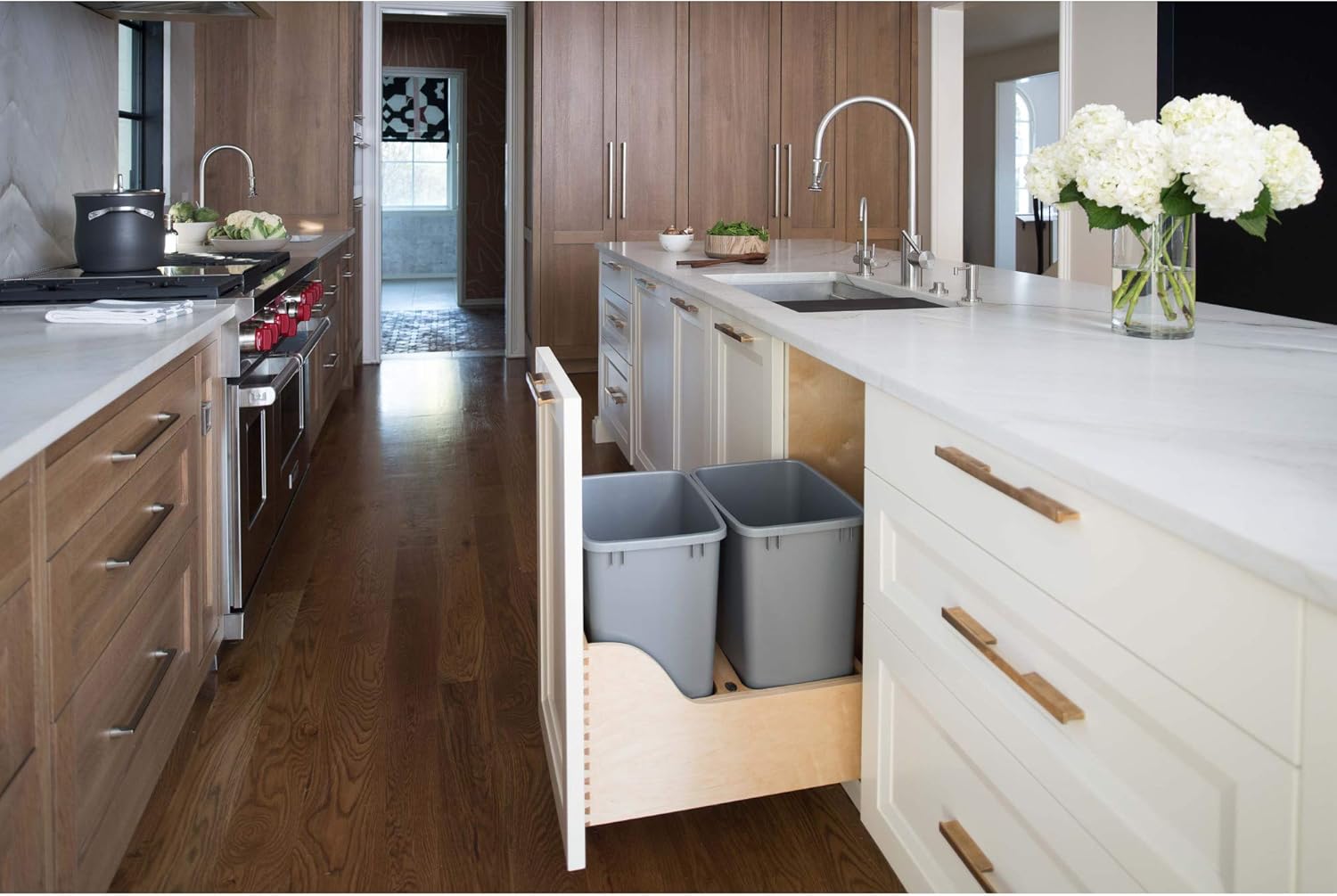 Double 35-Quart Maple Bottom Mount Kitchen Pullout Waste Container Trash Can with Soft-Close Slides, Silver C95067