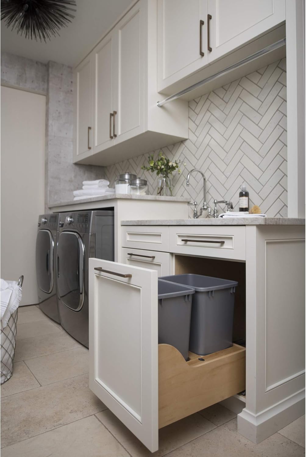 Double 35-Quart Maple Bottom Mount Kitchen Pullout Waste Container Trash Can with Soft-Close Slides, Silver C95067