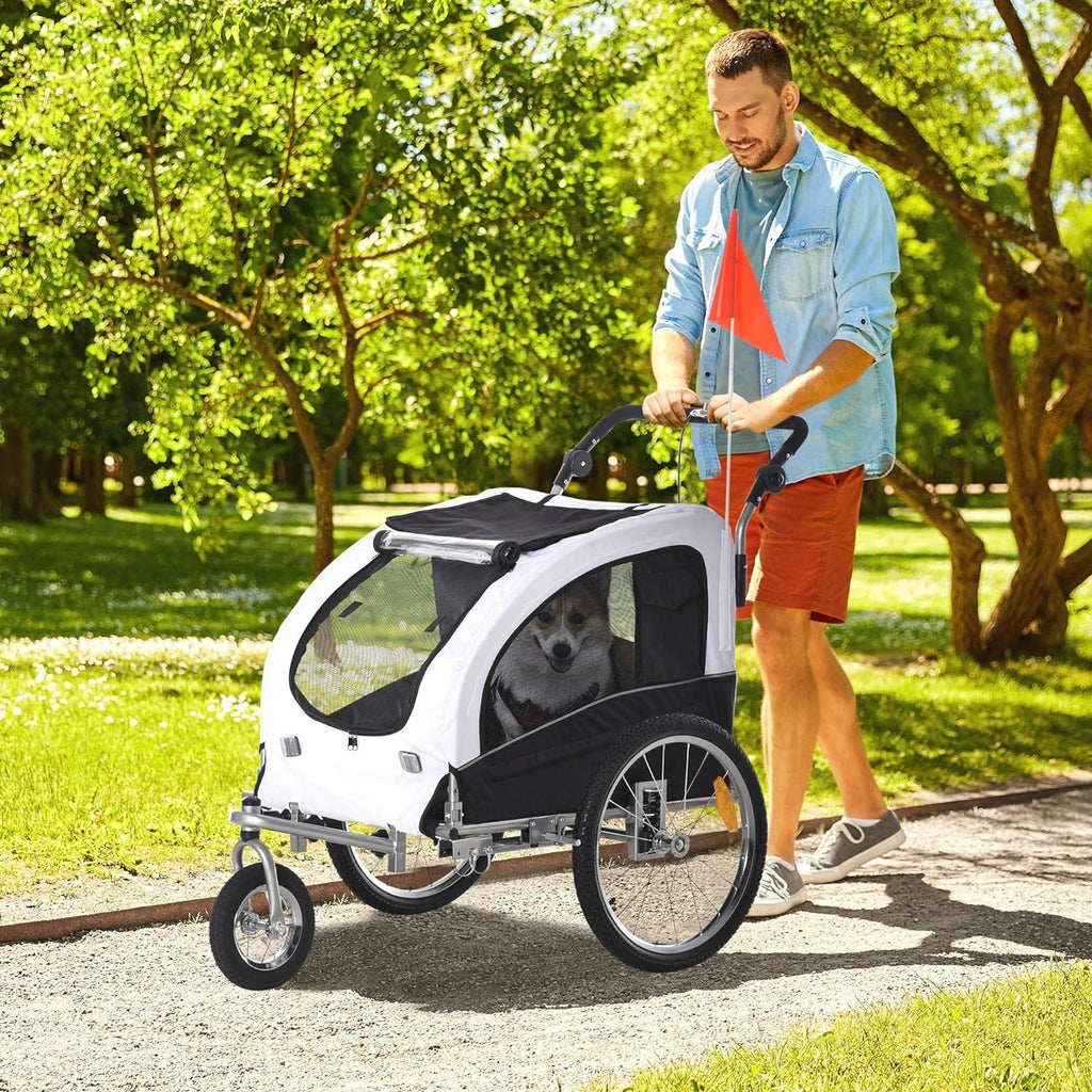 White Dog Bike Trailer Pet Stroller With Canopy And Storage Pockets B154542