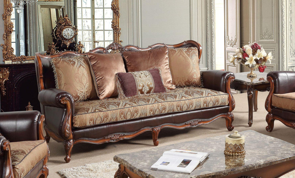 Cherry Finish Wood Pattern Fabric Sofa Set 2Pc D867834