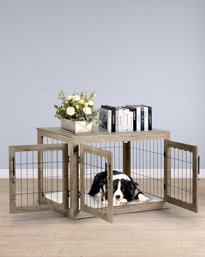 Greige Wooden Dog Crate with Bed Mat E104453