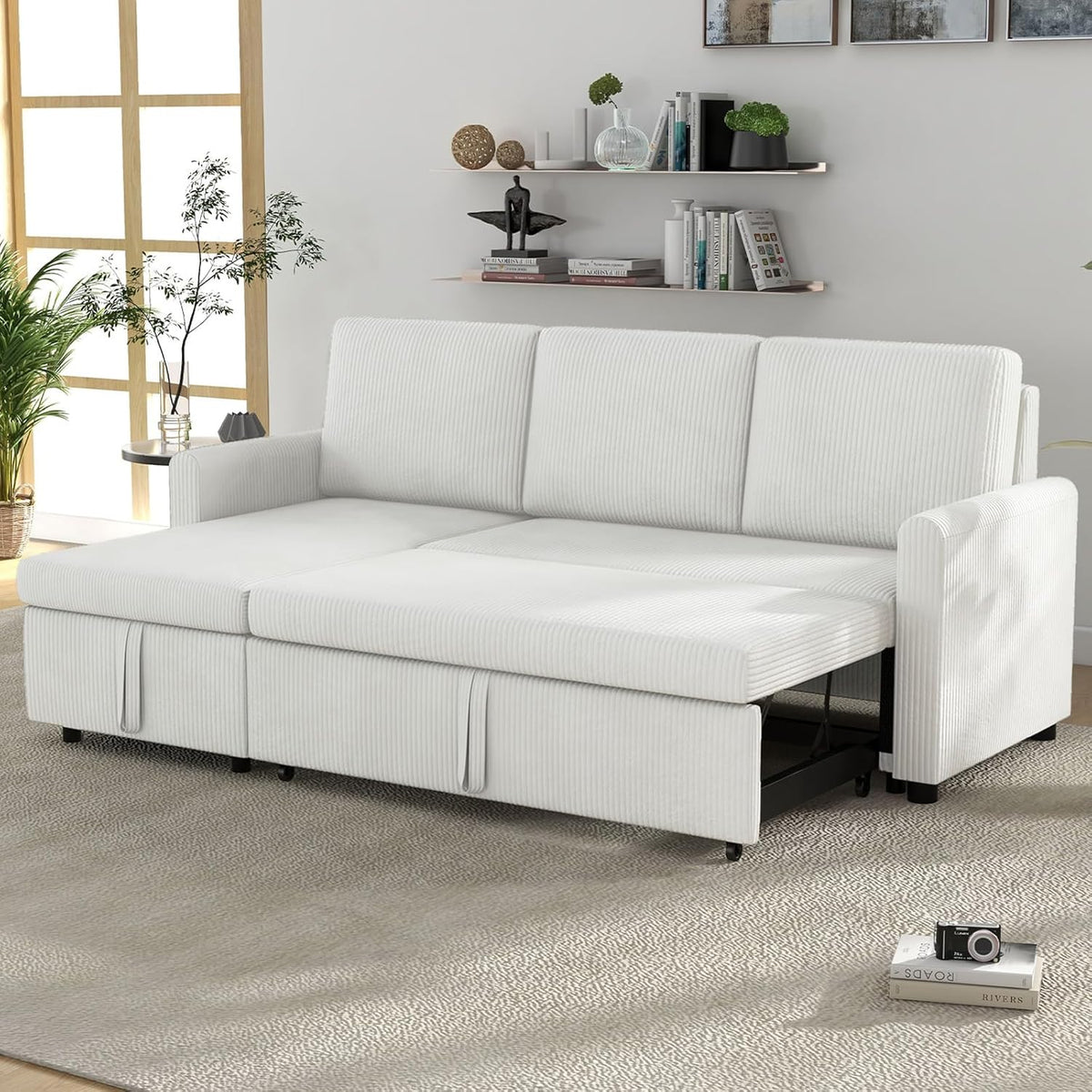 Beige Corduroy L-Shaped Sleeper Sofa with Storage Chaise and 2 Pillows I62279