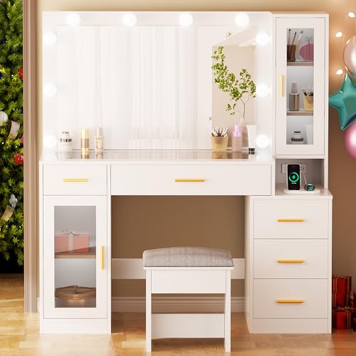 White Large Vanity Desk with Mirror and Lights, Glass Top, Stool, Power Outlet, Drawers, Cabinet W240400