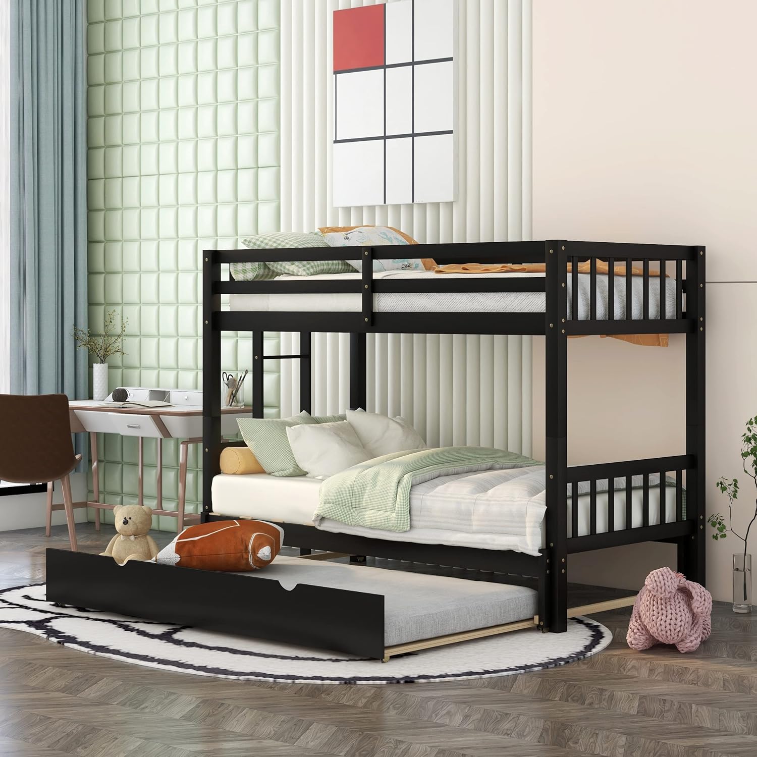 Over King Solid Wood Bunk Bed with Trundle (Espresso) D484