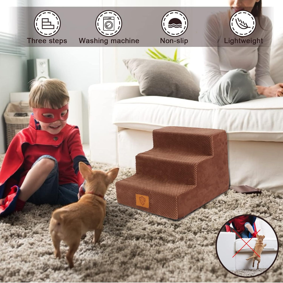 High Density Foam Pet Stairs with Anti-Slip Waterproof Cover, 11.8" H P213003