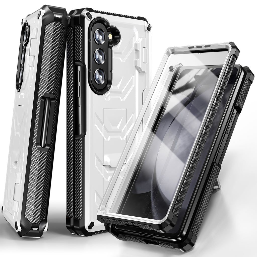 White Rugged Full Body Case with Built-in Glass Screen Protector Hinge Protection Hidden Kickstand Pen Slot Shockproof Armor Case P152015