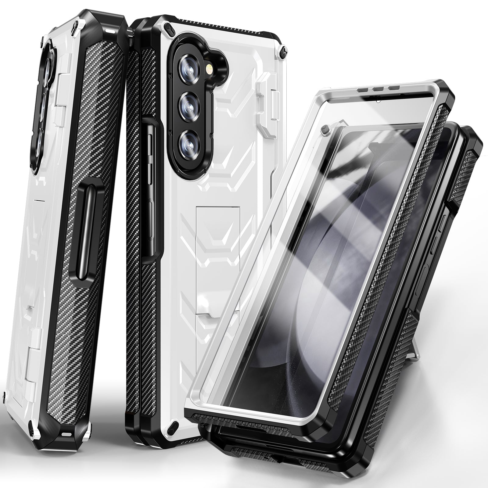 White Rugged Full Body Case with Built-in Glass Screen Protector Hinge Protection Hidden Kickstand Pen Slot Shockproof Armor Case P152015
