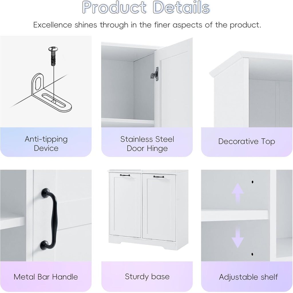 White Tall Bathroom Storage Cabinet with Laundry Hamper L26077