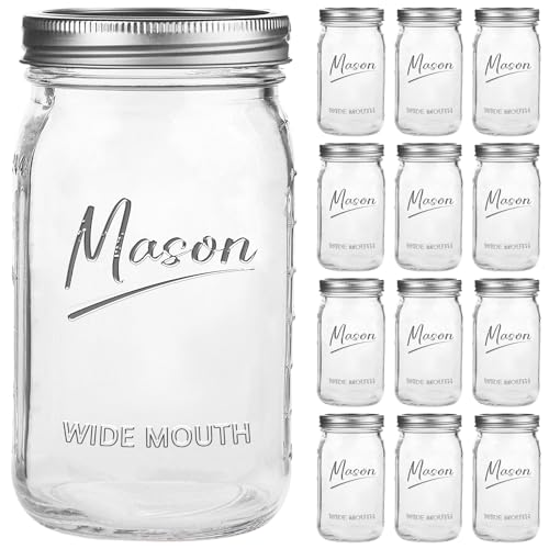 32 oz 12 Pack Wide Mouth Glass Mason Jars with Airtight Lids C9031