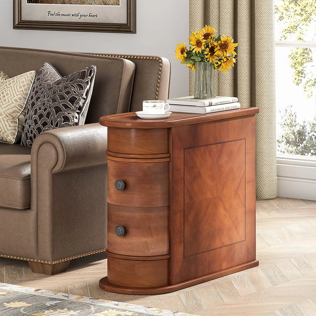 Half Round End Table with 2 Drawers, Sofa Side Desk with Storage, Slim Nightstand, Brown H6476