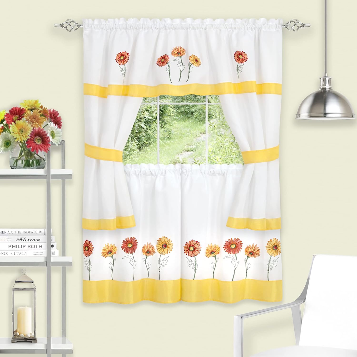 Embellished Cottage Window Curtain Set - 58 Inch Width, 36 Inch Length - Light Filtering Drapes X23446