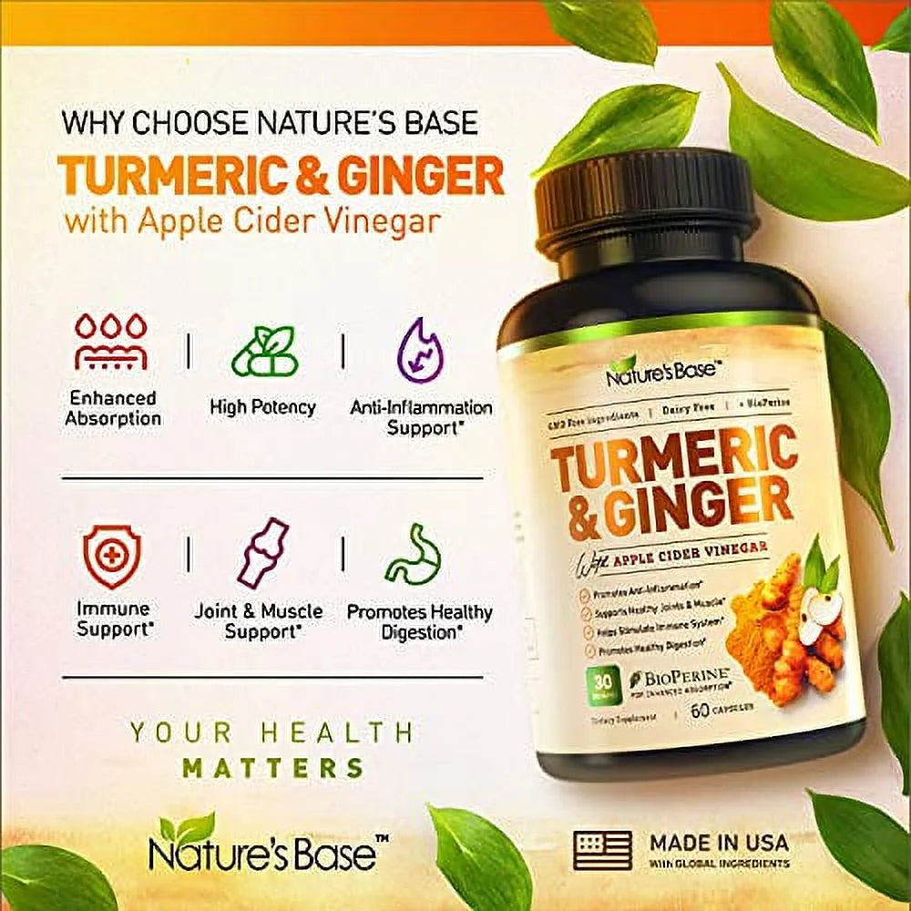 Turmeric Curcumin with Ginger & Apple Cider Vinegar, BioPerine Black Pepper, 95% Curcuminoids, Antioxidant Supplement W256