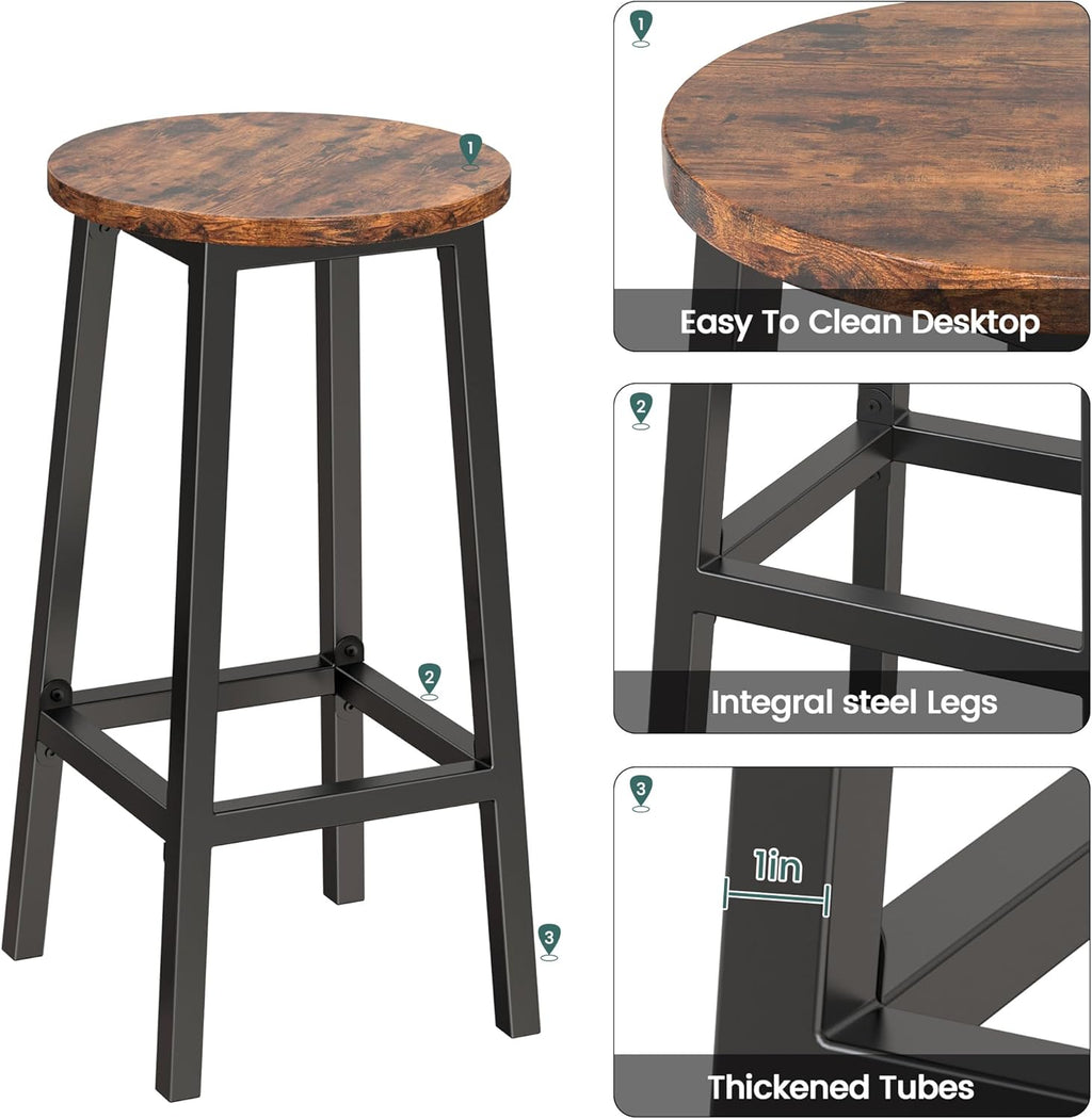 Set of 2 Bar Stools with Footrest, 25.6 Inch Tall, Rustic Brown and Black T3555