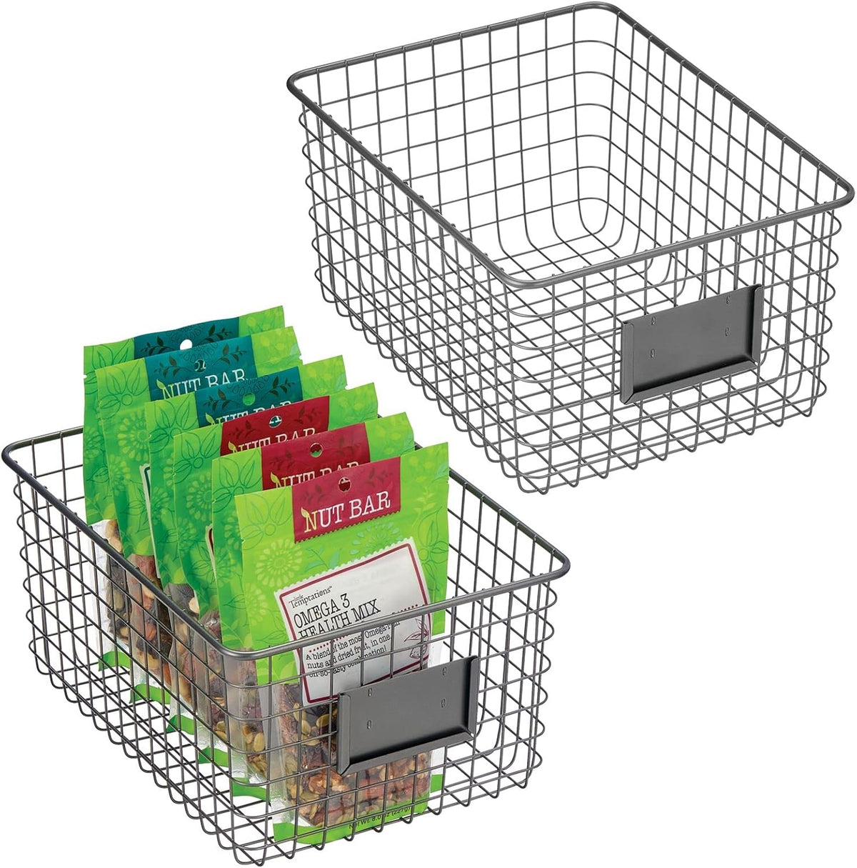Metal Wire Food Organizer Storage Bin Basket with Label Slot, 2 Pack, Matte Black L84481