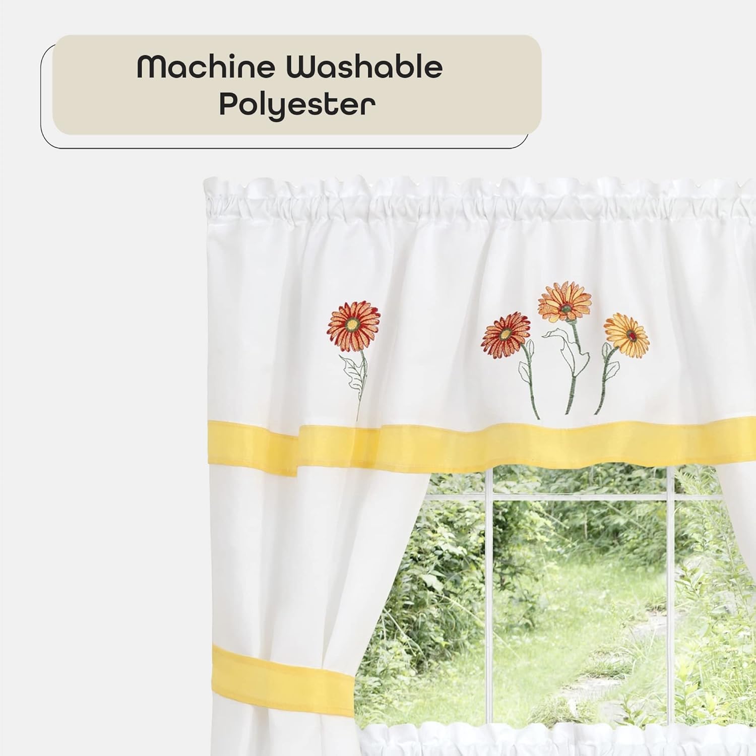Embellished Cottage Window Curtain Set - 58 Inch Width, 36 Inch Length - Light Filtering Drapes X23446