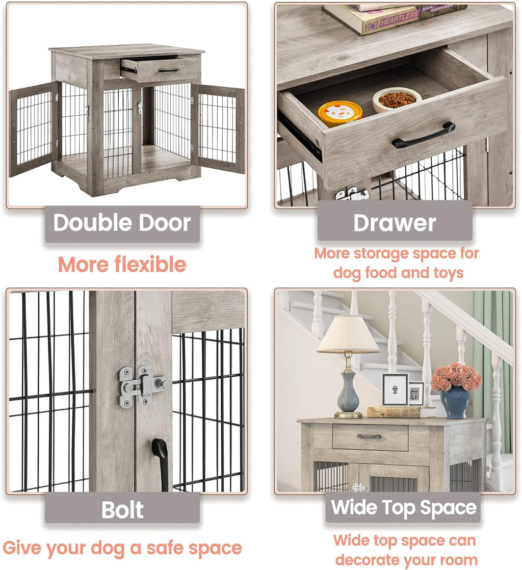 Gray Dog Crate End Table with Drawer, Double Doors, 29.9'' W x 24.8'' D x 30.71'' H T75714