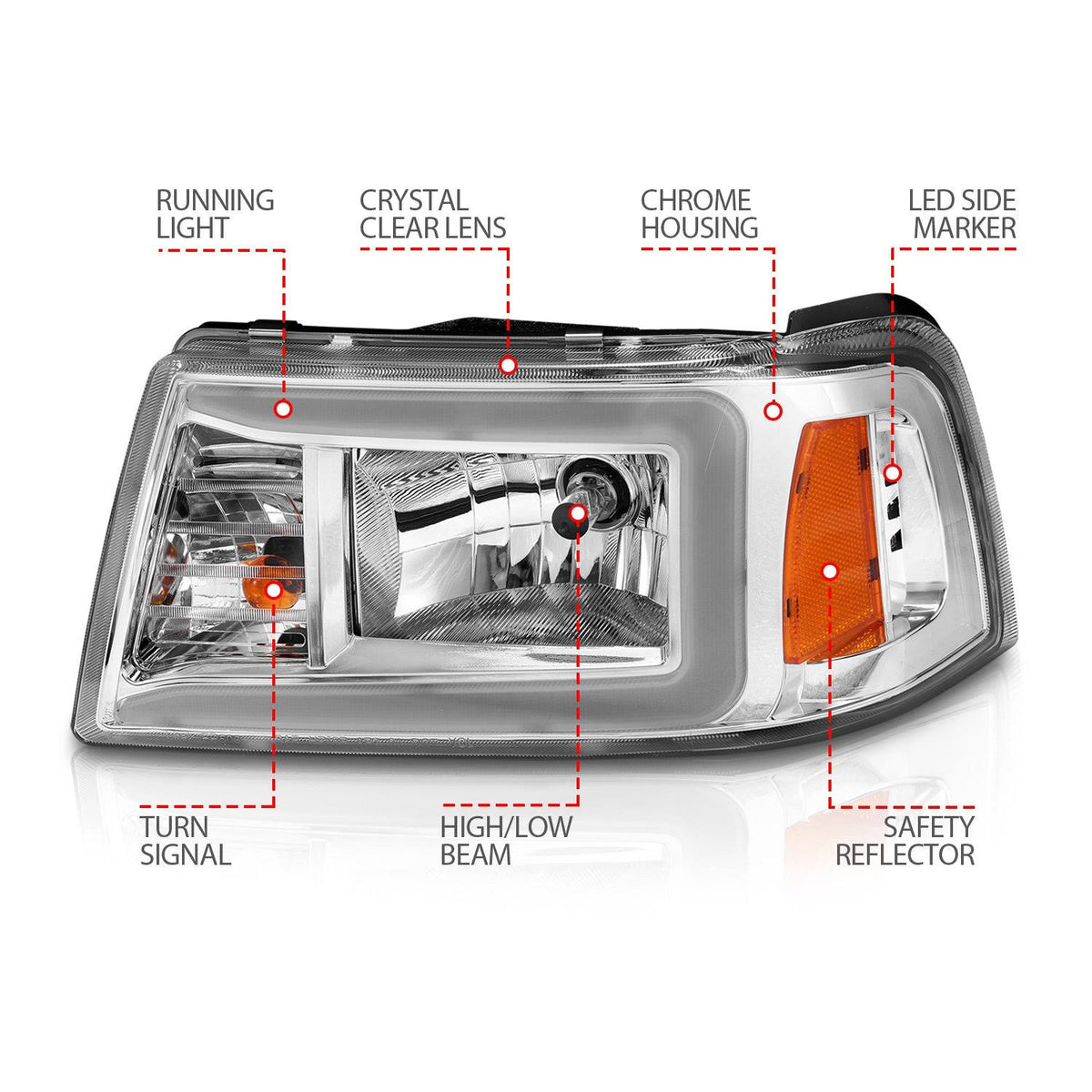 Chrome Housing Crystal Headlights with Light Bar B571