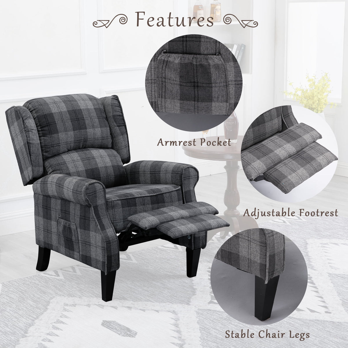Gray Check Upholstered Recliner Chair with Adjustable Footrest and Side Pocket M47147