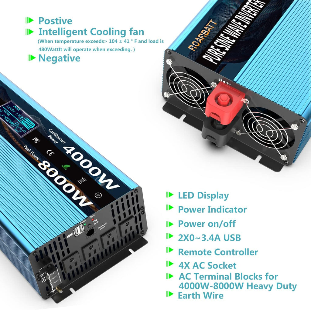 4000Watt 12V DC to AC 110V Power Inverter with Remote Control 4 AC Outlets and Dual USB Port G4848
