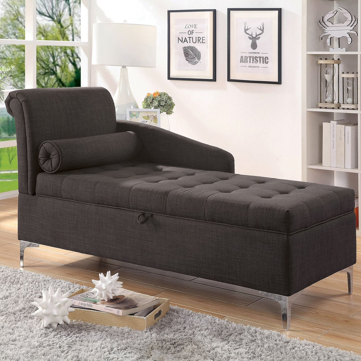 Grey Fabric Upholstered Button Tufted Chaise T26920