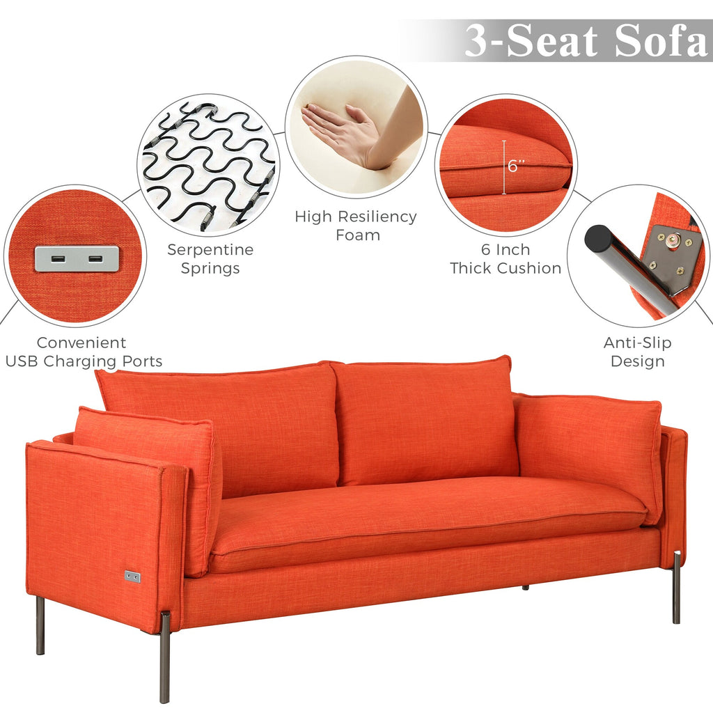 3 Seat Linen Fabric Upholstered Sofa with 2 USB Ports Gray O93269