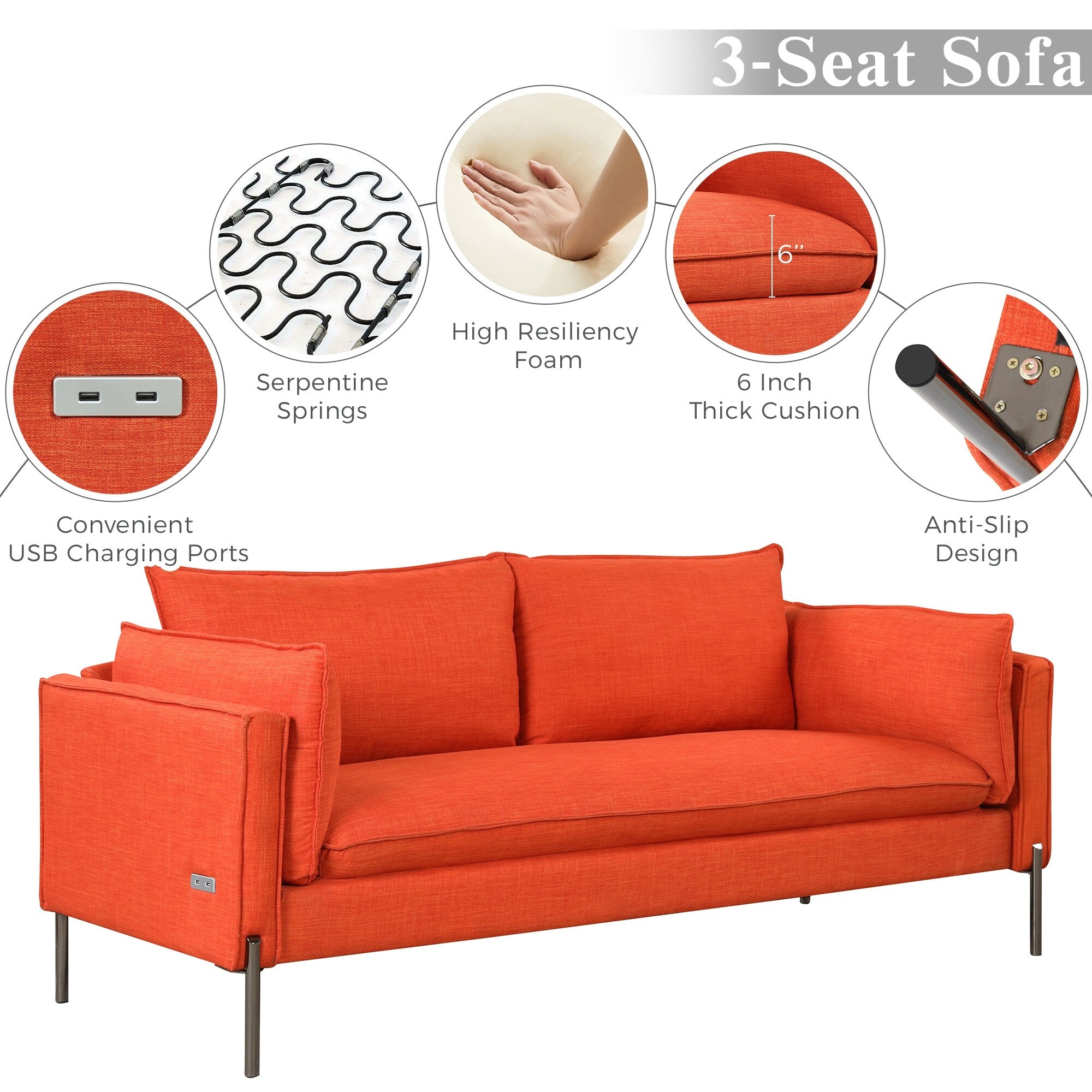 3 Seat Linen Fabric Upholstered Sofa with 2 USB Ports Gray O93269