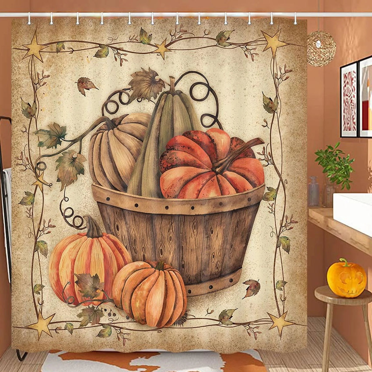 Fall Maple Leaves Fabric Shower Curtain with Hooks Set 60x72 Inch U65384