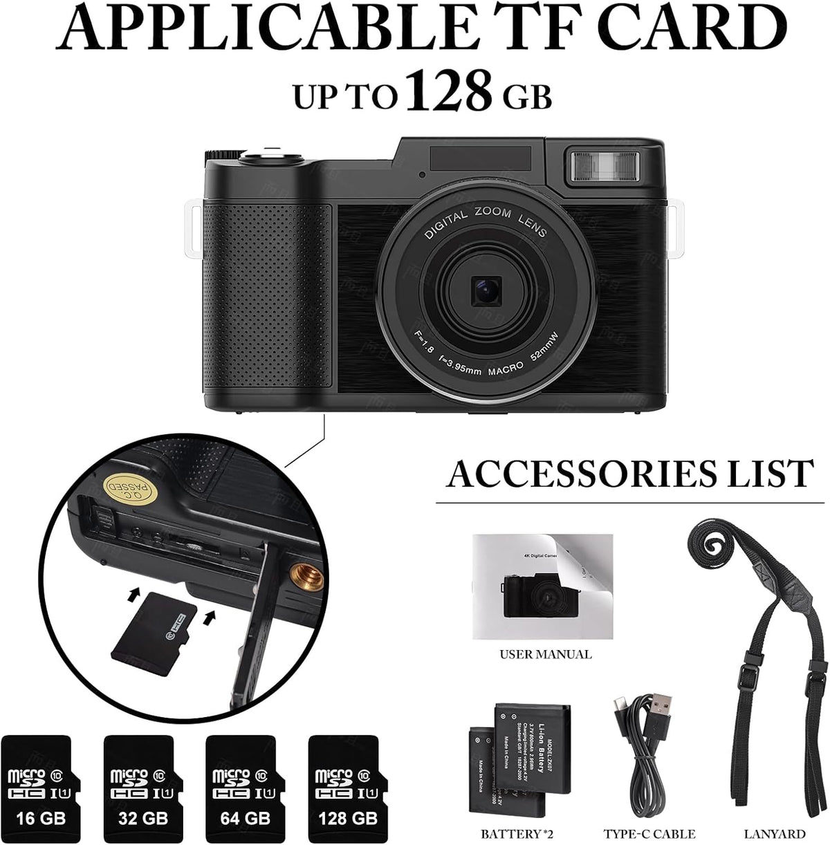 48MP 4K Digital Camera with 16X Digital Zoom Macro Camera, 3’’180°Flip Screen Compact Video Camera with Liftable Flash, SD Card&2 Batteries G3662