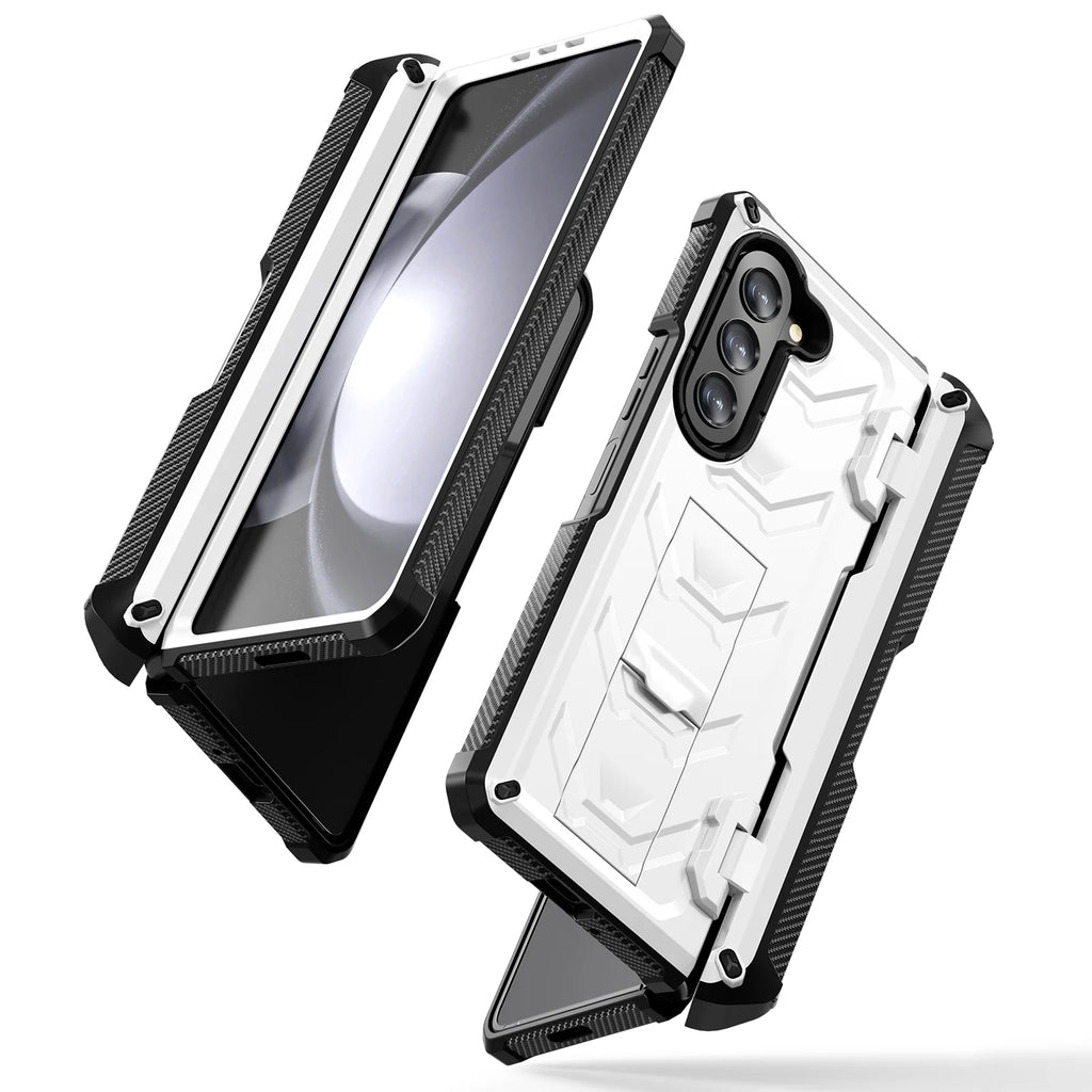 White Rugged Full Body Case with Built-in Glass Screen Protector Hinge Protection Hidden Kickstand Pen Slot Shockproof Armor Case P152015
