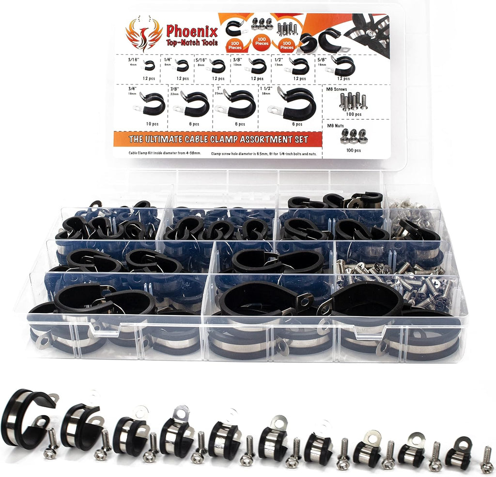 100pcs 304 Stainless Steel Rubber Insulated Cable Clamps and Hose Clamp 10 Sizes L586078