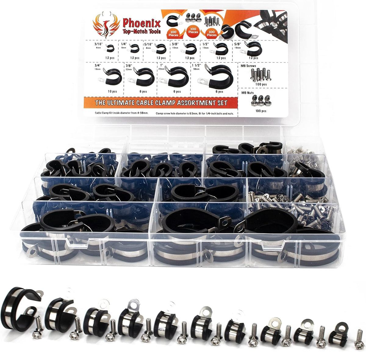 100pcs 304 Stainless Steel Rubber Insulated Cable Clamps and Hose Clamp 10 Sizes L586078