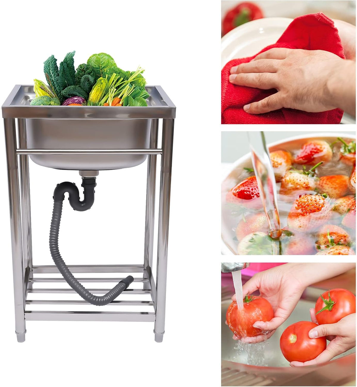 Single Compartment Stainless-Steel Single Bowl Commercial Kitchen Sink with Storage Shelve Q563