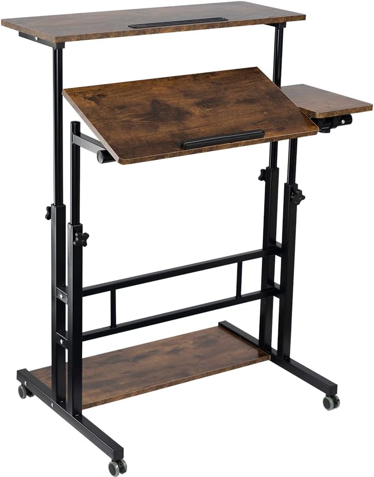 Rustic Brown Mobile Stand Up Desk with Wheels K54773
