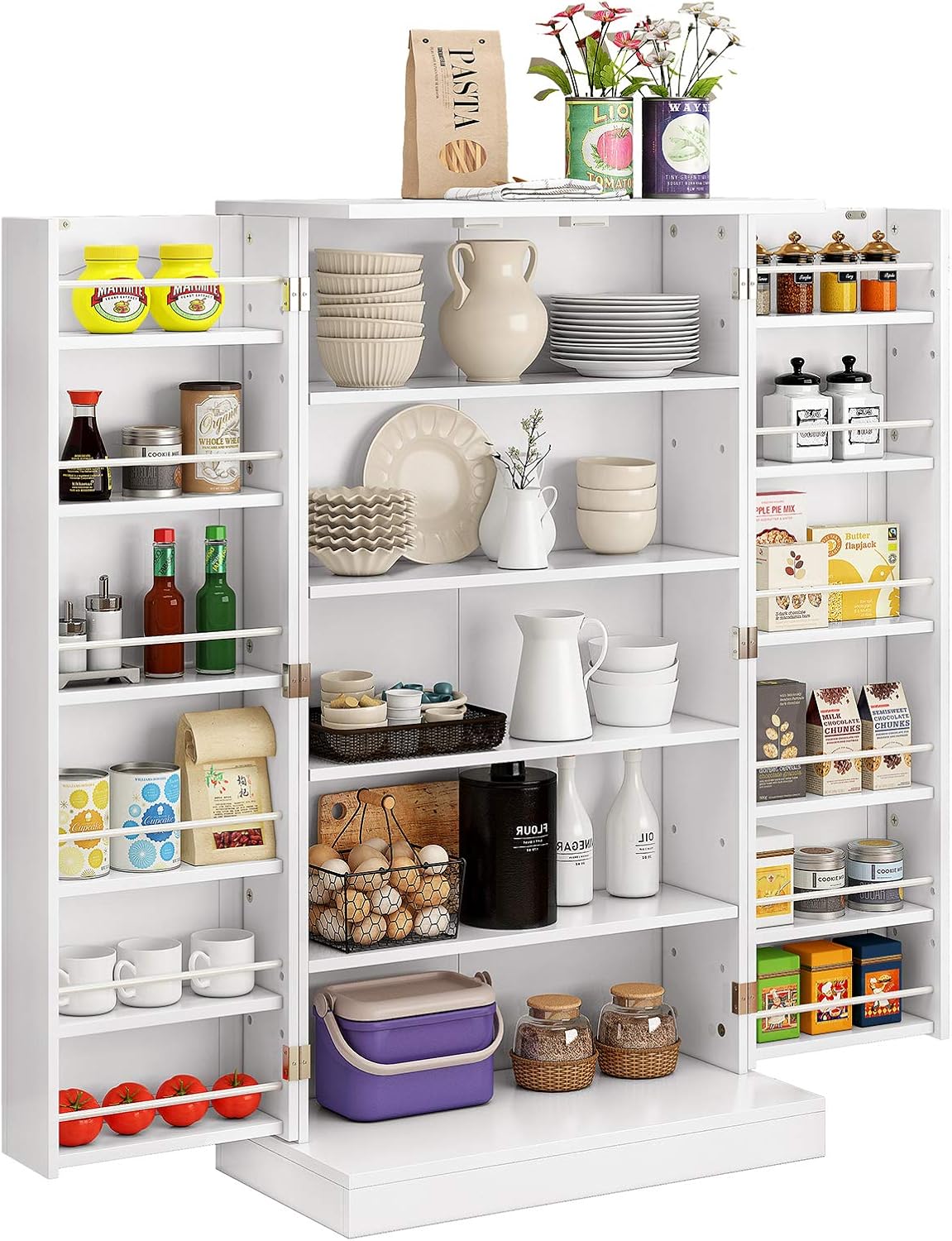 White Farmhouse Kitchen Pantry Storage Cabinet with Doors and Adjustable Shelves S318805