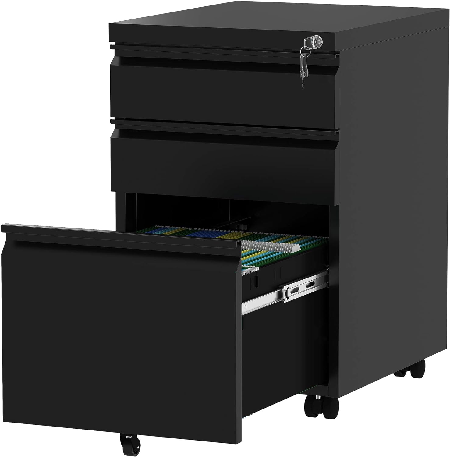 White 3-Drawer Mobile Metal File Cabinet with Lock F454