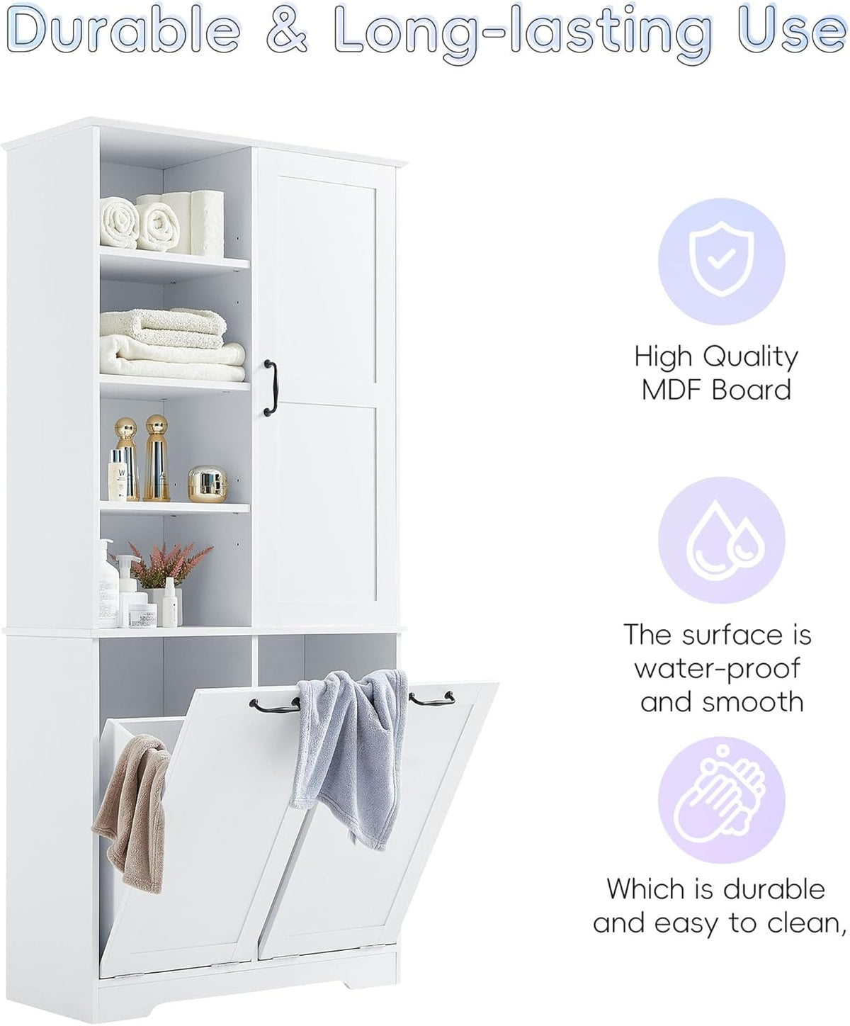 White Tall Bathroom Storage Cabinet with Laundry Hamper L26077
