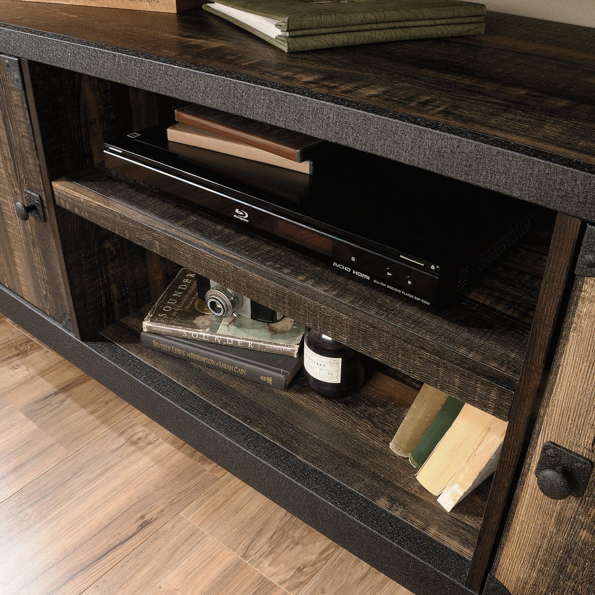 Rustic Metal & Wood TV Stand with Doors, Carbon Oak Finish C6064