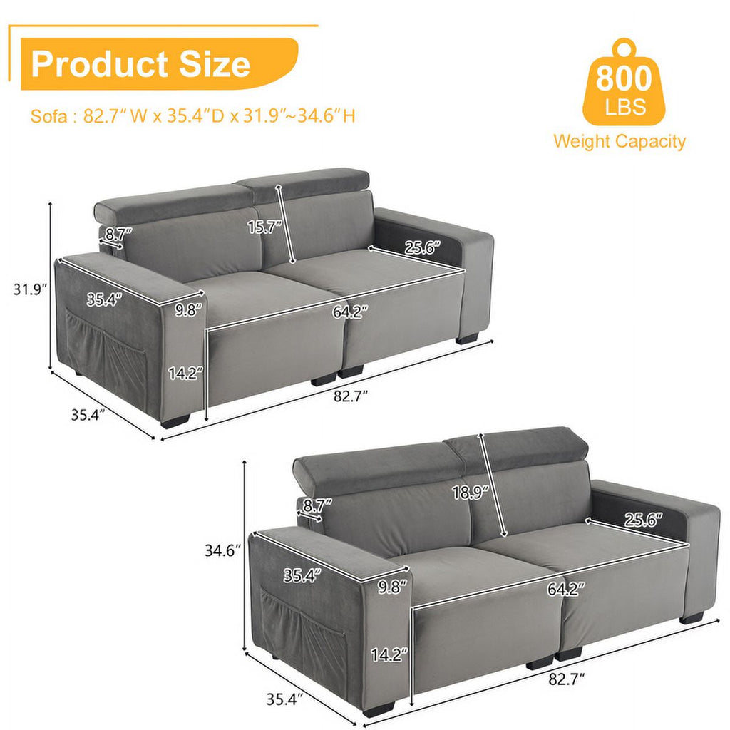 Dark Gray Velvet Two-Seater Sofa with Side Pockets P153351