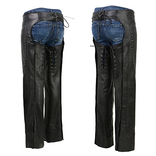 Black Low-Rise Waist Front Double Buckle Rivet Detailing Motorcycle Chaps R864