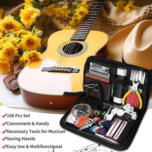 106 Pcs Guitar Tool Kit with Capo Strings Picks Bridge Pins Gauge M698963