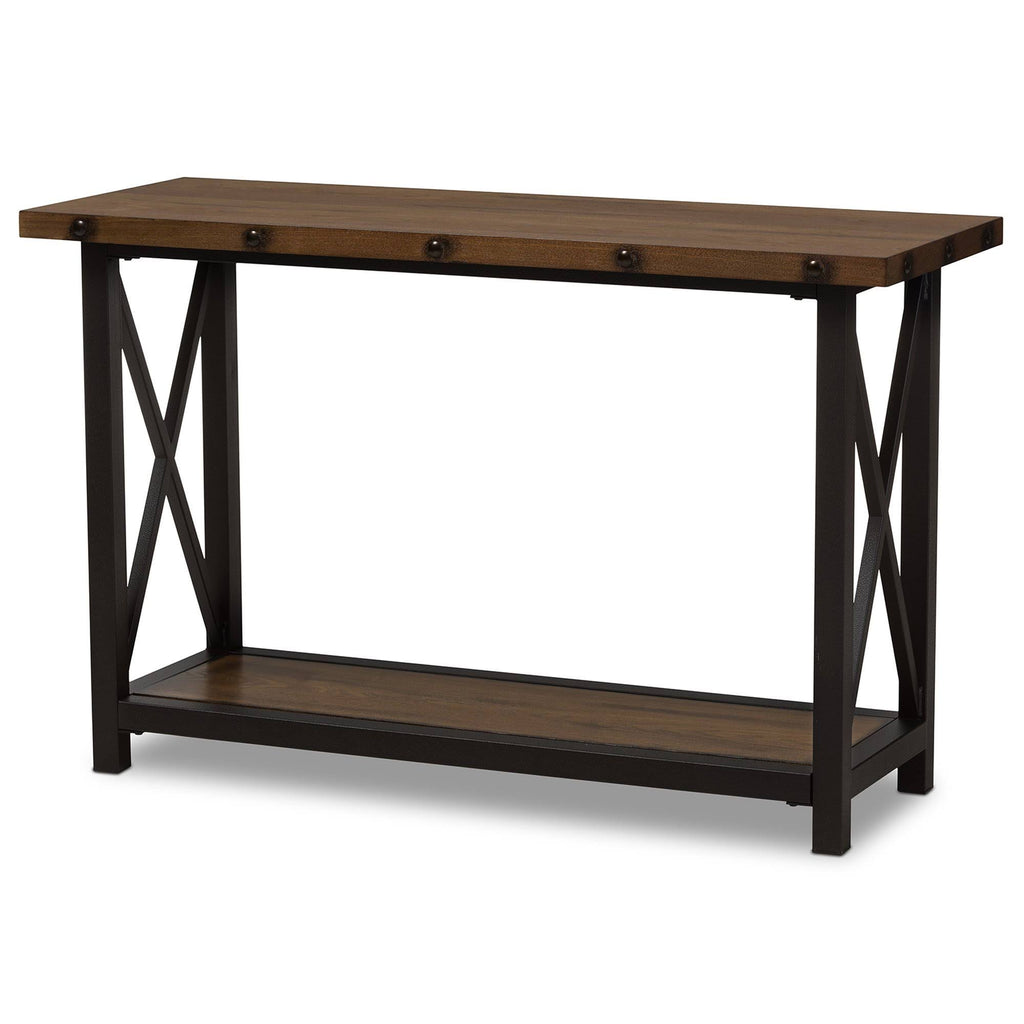 Antique Black Textured Metal Distressed Wood Console Table Y16925