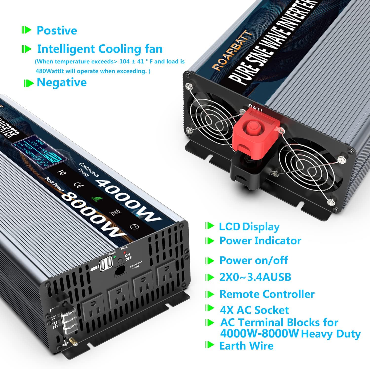 4000Watt 12V DC to AC 110V Power Inverter with Remote Control 4 AC Outlets and Dual USB Port G4848