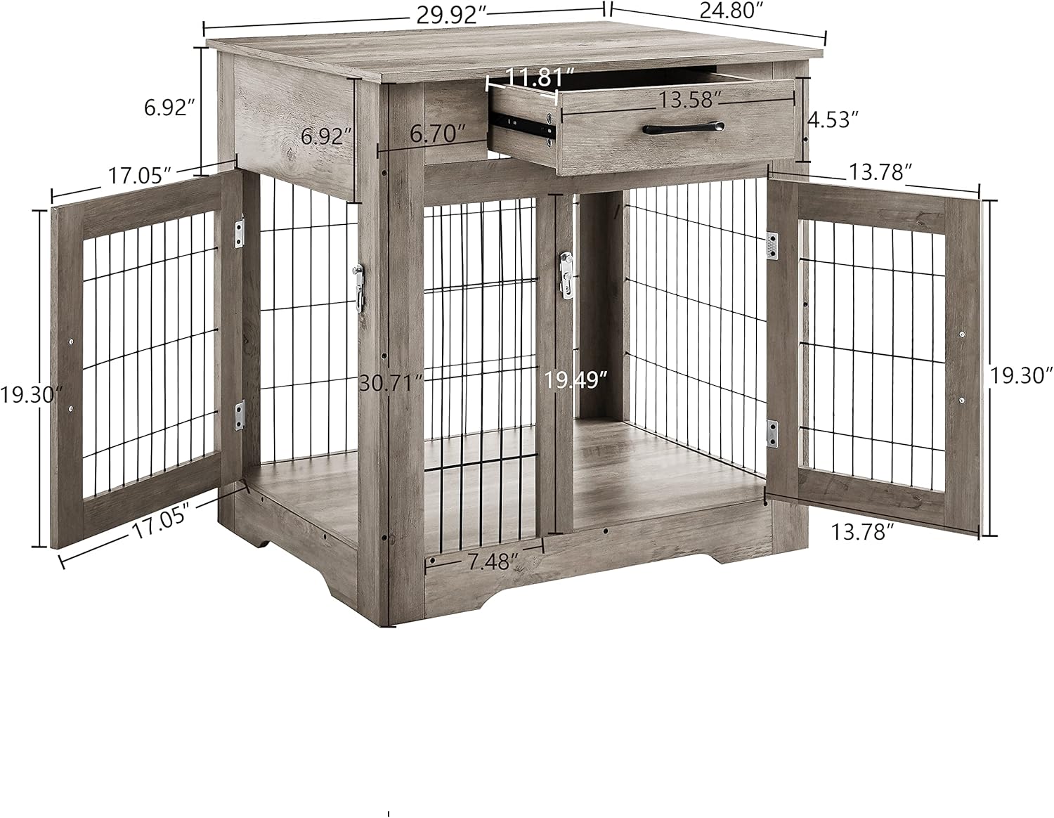 Gray Dog Crate End Table with Drawer, Double Doors, 29.9'' W x 24.8'' D x 30.71'' H T75714