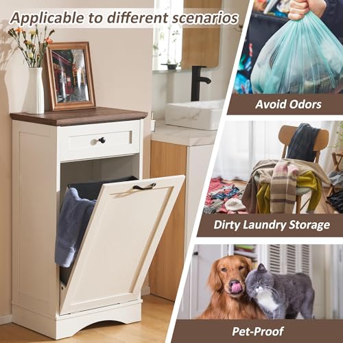 White 13 Gallons Wood Trash Cabinet with Hideaway Drawer S5343