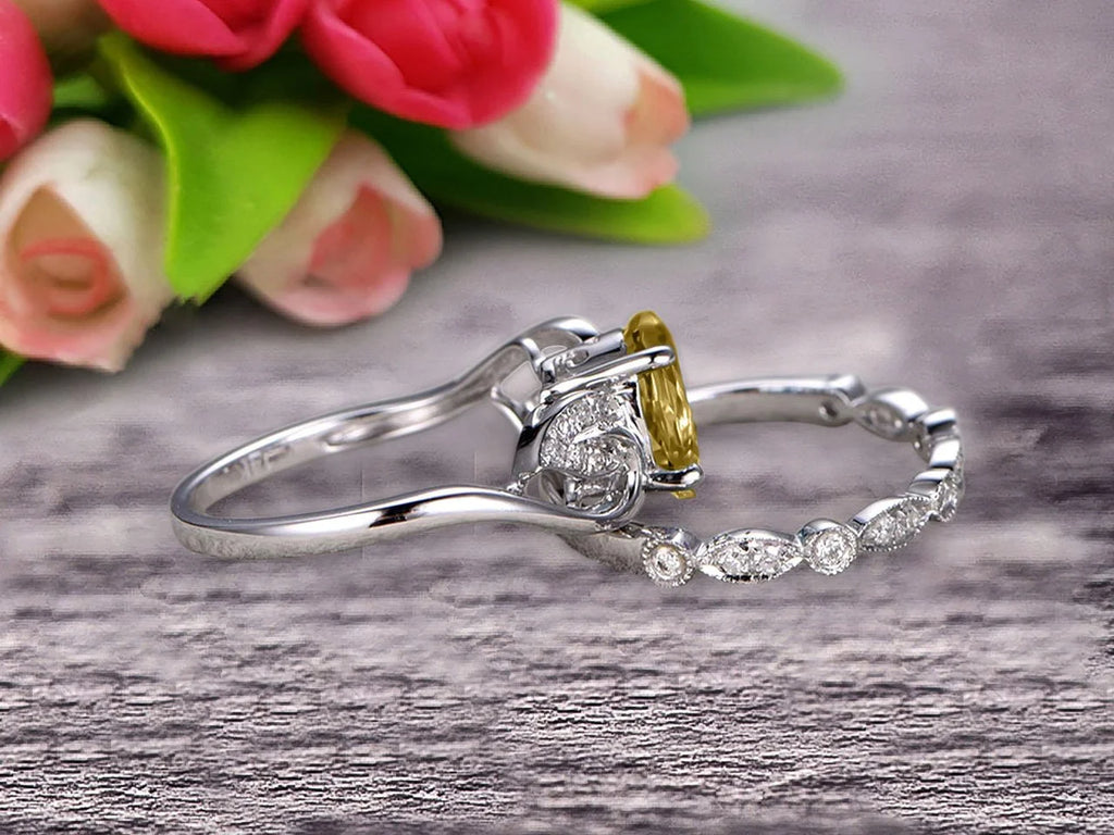 Oval Cut Champagne Diamond Moissanite Bridal Ring Set on 10k White Gold B909539