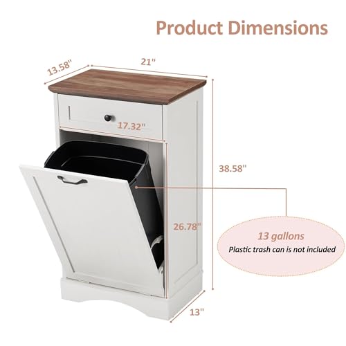 White 13 Gallons Wood Trash Cabinet with Hideaway Drawer S5343