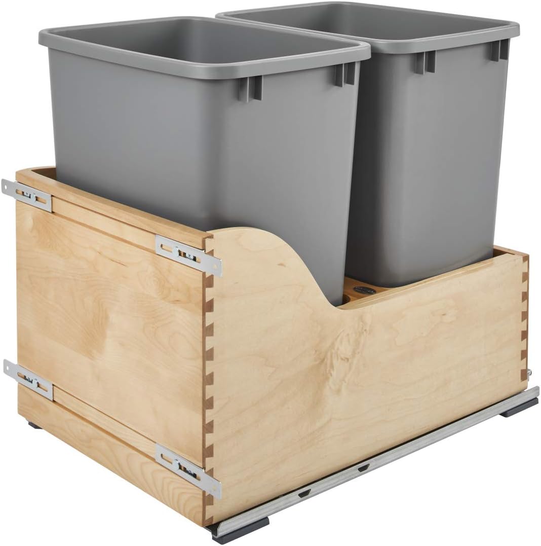 Double 35-Quart Maple Bottom Mount Kitchen Pullout Waste Container Trash Can with Soft-Close Slides, Silver C95067